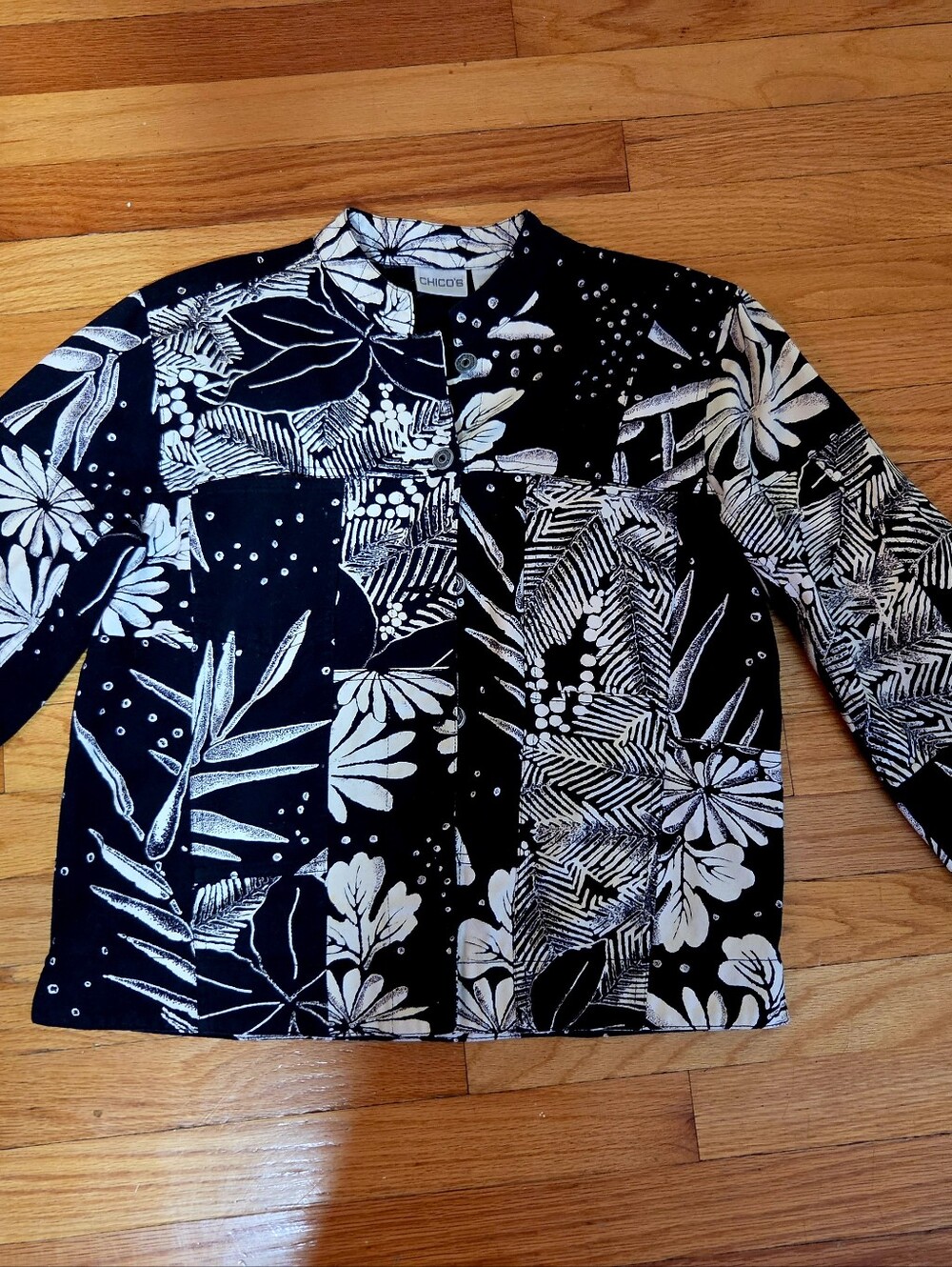 Chico's Black and White Floral Jean Jacket